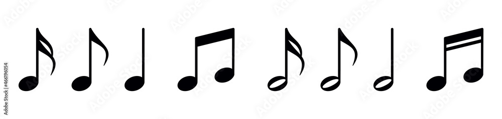 Music note black icons set. Isolated music notes symbols on white background. Simple musical notes signs. Vector illustration. Music note black icons set. Isolated music notes symbols on white background. Simple musical notes signs. Vector illustration.