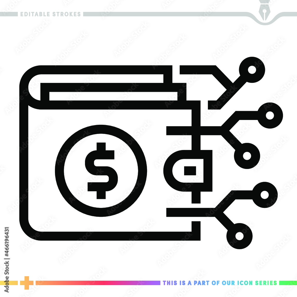 Editable line icon of digital wallet as a customizable black stroke eps vector graphic. Editable line icon of digital wallet as a customizable black stroke eps vector graphic.