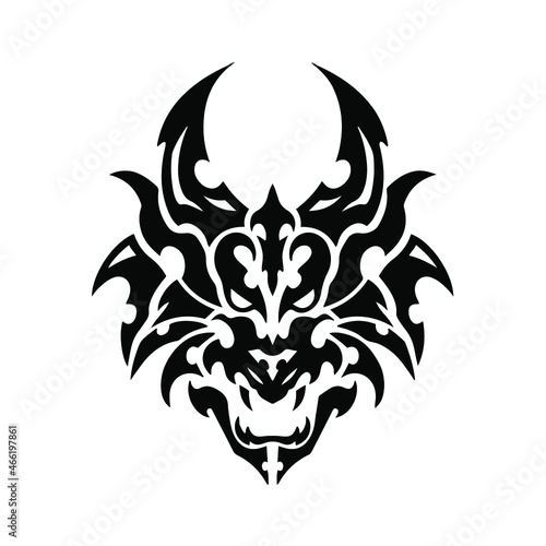 Black Tribal Dragon Head Logo on White Background. Tattoo Design Stencil Vector Illustration