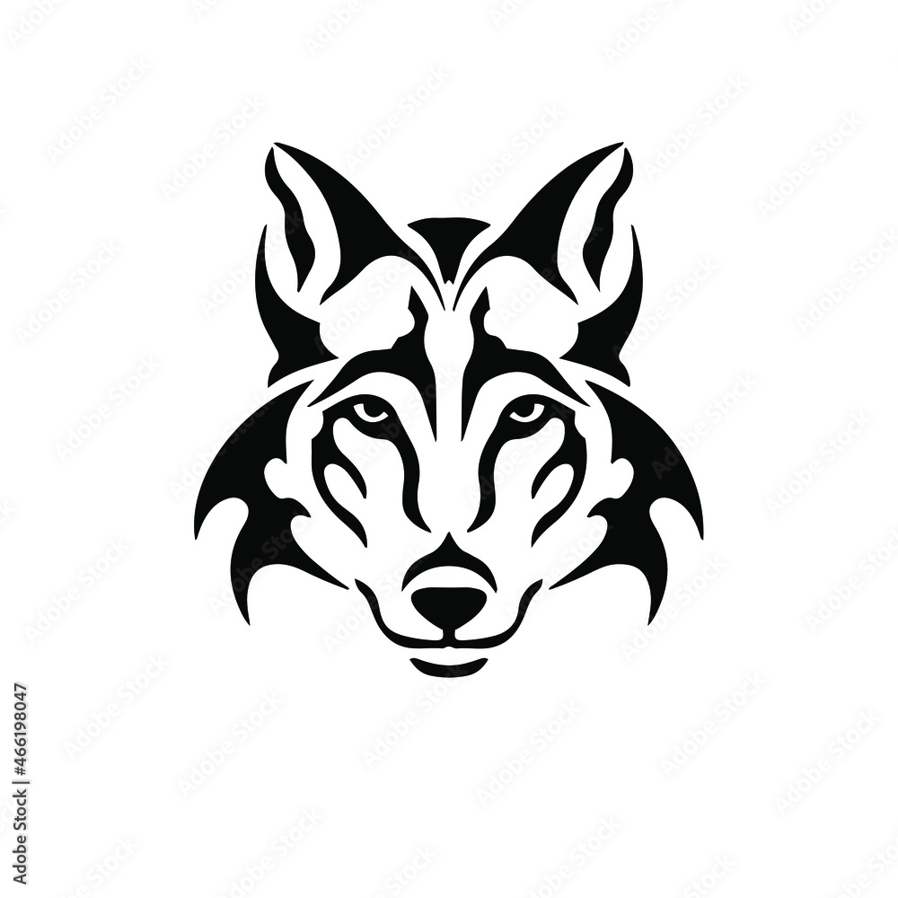 Black Tribal Wolf Head Logo on White Background. Tattoo Design Stencil Vector Illustration