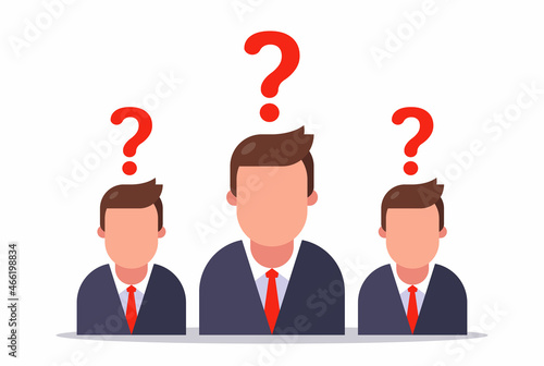 anonymous man in a business suit. question mark on the face. flat vector character illustration.