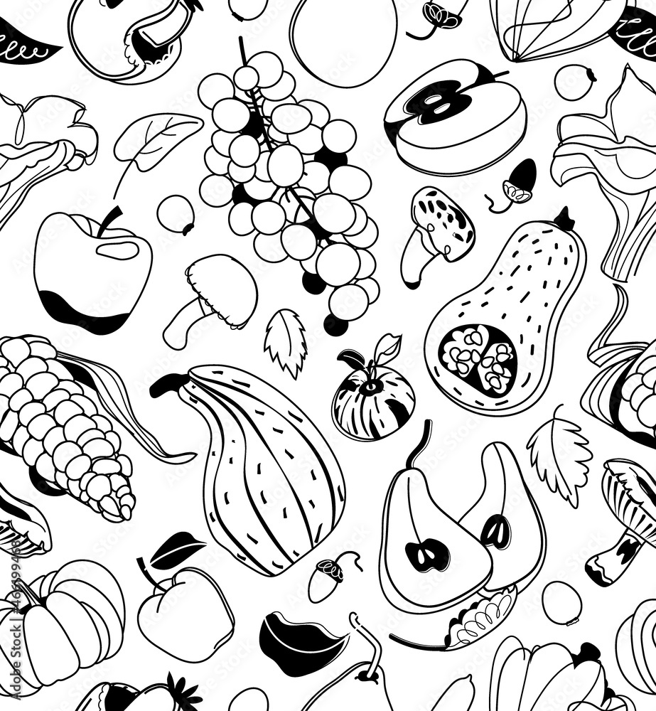 Harvest seamless pattern with black linear pumpkin, mushroom, grape, apples and pears on white background. Vector illustration.