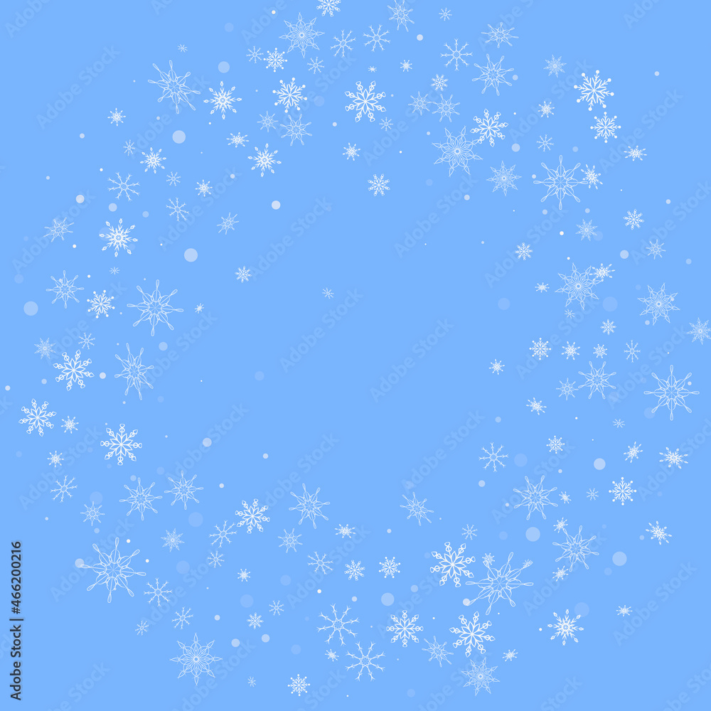 White delicate openwork snowflakes are scattered on a blue background. Festive background, postcard design, wallpaper