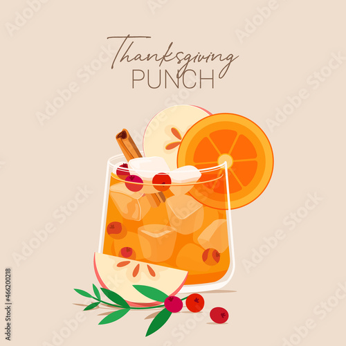 Vector illustration of Thanksgiving autumn punch with cinnamon sticks, cranberry, apple and orange on beige background. Fresh healthy drink