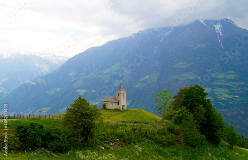 an old stone chapel in the Alps in Aschbach, Vinschgau, South Tyrol (Italy)