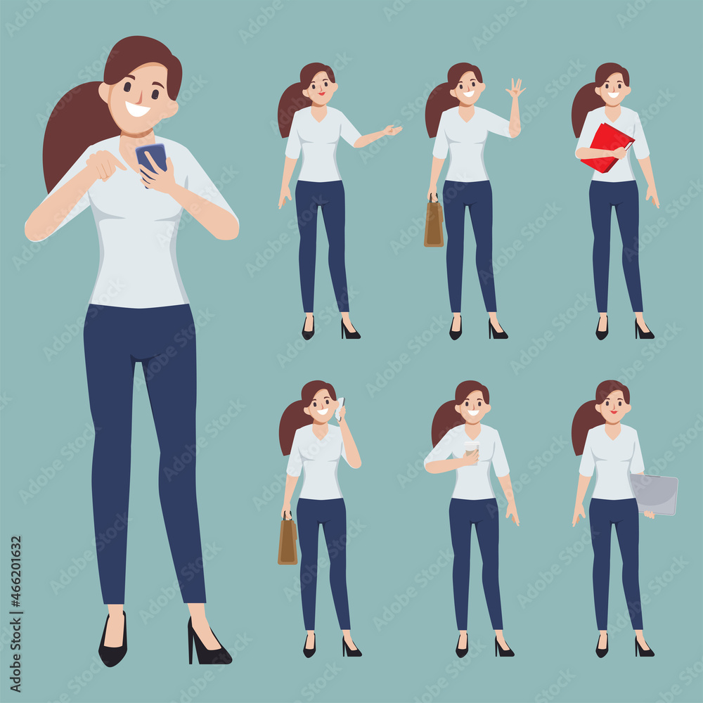 Obraz premium Collection business woman in suit pose set character. Flat cartoon illustration vector design.