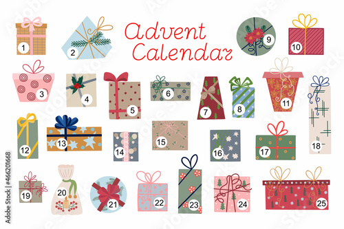 Christmas advent calendar of gift boxes set with ribbon and bows vector illustration, Merry Christmas and Happy New Year festive traditional winter holiday template, ornament for advent countdown