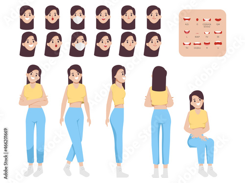Young cute woman character for animated, Creation people with emotions face animation mouth. Flat vector design.