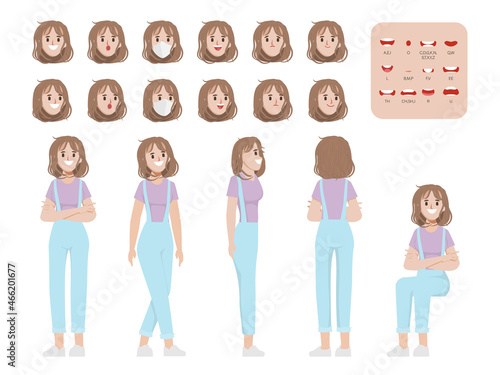 Young cute woman character for animated, Creation people with emotions face animation mouth. Flat vector design.