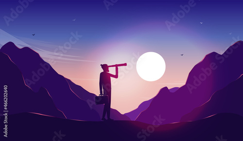 Man looking for purpose - Business person with briefcase standing in landscape with binocular looking for the way forward. Vector illustration