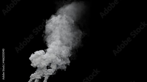 grey toxic smoke emission from oil power plant on black, isolated - industrial 3D rendering
