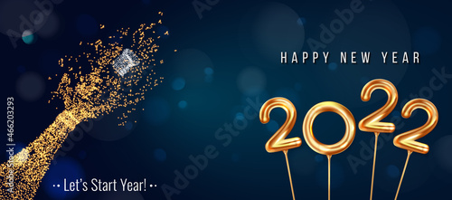 2022 New Year. 2022 Happy New Year greeting card. 2022 Happy New Year background isolated on transparent background. 2022 Happy New Year background with gold glitter champagne bottle.