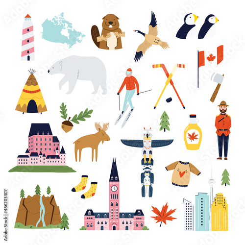 Set of famous symbols, icons of Canada.