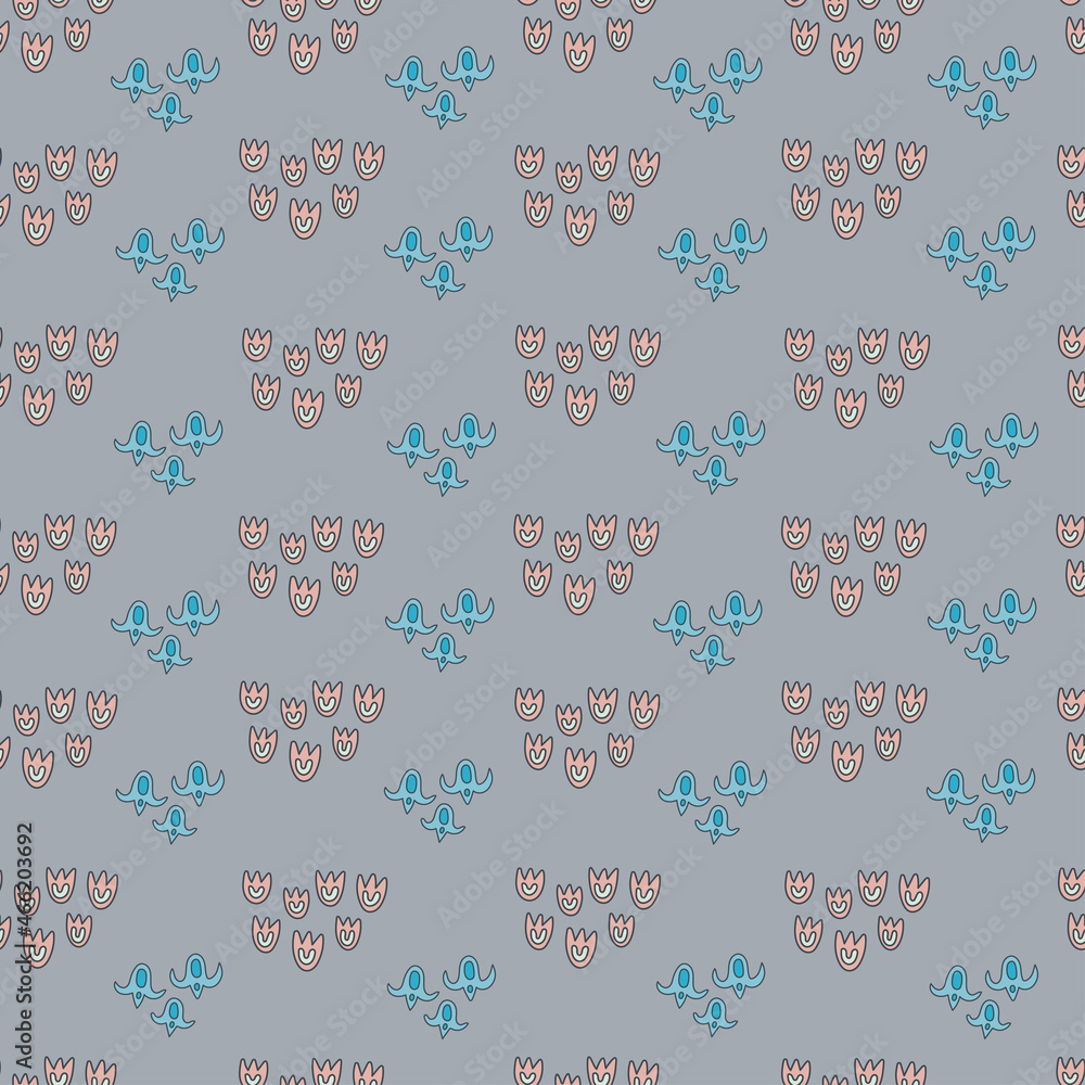 Seamless pattern with small stylized pink and blue flowers.