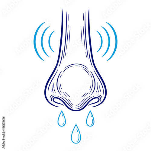 Runny wet rhinitis nose, allergy line icon. Cold and flu, antritis, coronavirus respiratory viral infection disease symptom. Drop snot. Treatment allergic reaction, difficulty nasal breathing. Vector 