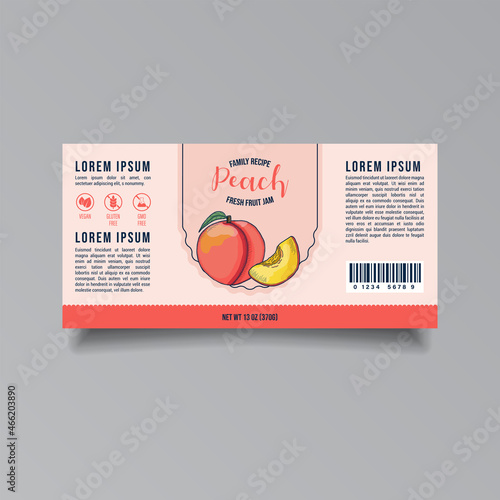 Peach jam label template. Abstract modern vector packaging design layout. Isolated