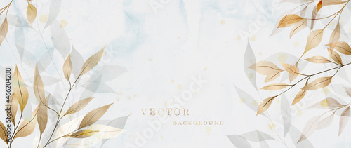 Luxury background with plant leaves of gold on a light blue background. Botanical art for use in prints, web banners, packaging design
