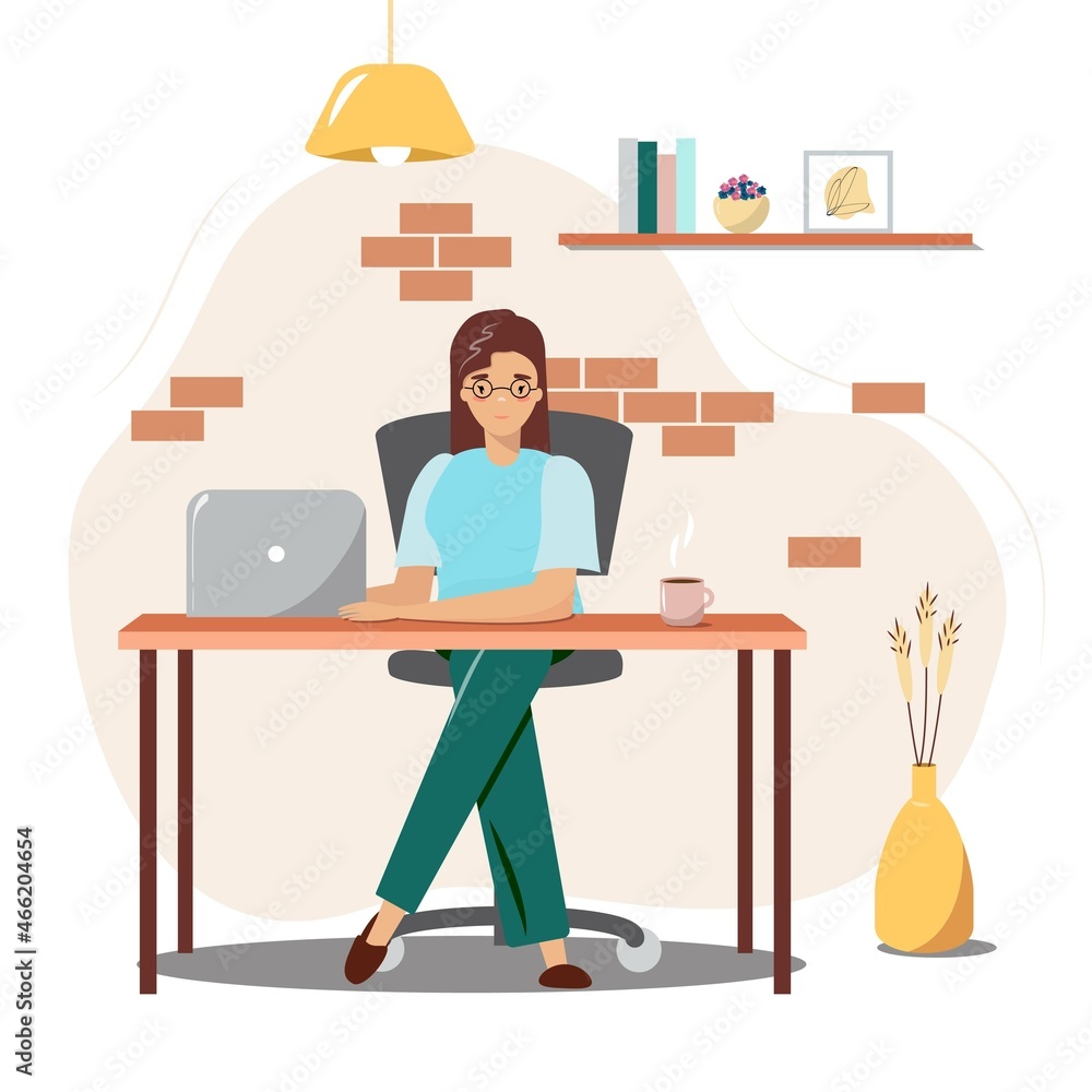 Woman sitting at the desk and working from home. Young woman with glasses sitting and working on a laptop. Bussines woman. Home, freelance, office concept illustration.