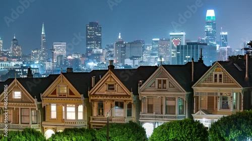 San Francisco Skyline and Painted Ladies at Alamo Square Night Time Lapse California USA