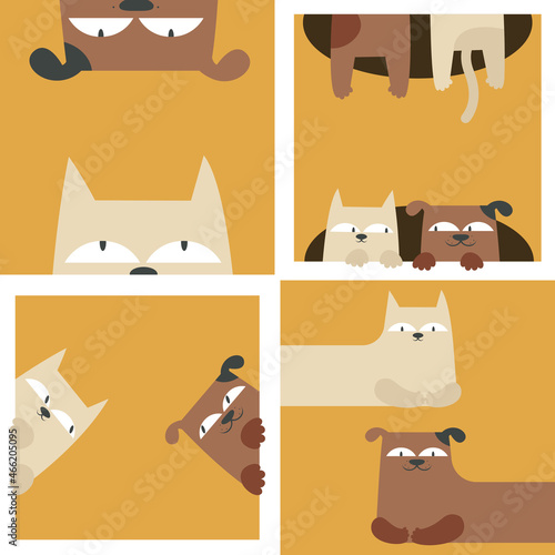 Collection of illustrations with funny dog and cat. Cute pets in flat style