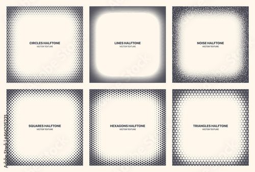 Different Variations Halftone Texture Set Vector Abstract Geometric Patterns Isolated On Background. Various Half Tone Frame Textures Collection Circles Lines Noise Squares Hexagons Triangles