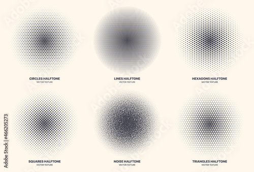 Different Variations Halftone Texture Set Vector Abstract Geometric Circular Pattern Isolated On Background. Various Half Tone Radial Textures Collection Circles Lines Noise Squares Hexagons Triangles photo