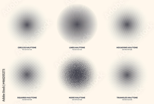 Different Variations Halftone Texture Set Vector Abstract Geometric Circular Pattern Isolated On Background. Various Half Tone Radial Textures Collection Circles Lines Noise Squares Hexagons Triangles