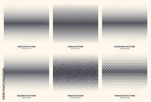 Different Variations Halftone Texture Set Vector Abstract Geometric Border Isolated On Background. Modern Various Half Tone Patterns Textures Collection Circles Lines Noise Squares Hexagons Triangles