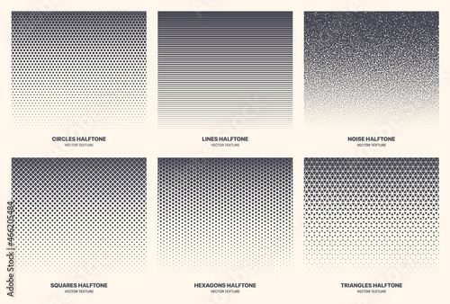 Different Variations Halftone Texture Set Vector Abstract Geometric Patterns Isolated On Background. Modern Various Half Tone Border Textures Collection Circles Lines Noise Squares Hexagons Triangles photo