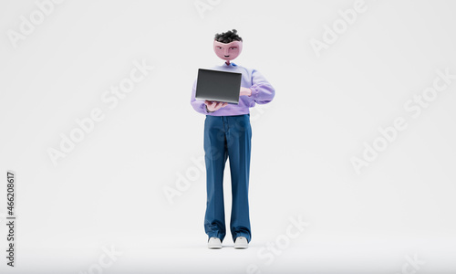 Awesome Travor standing with an open laptop. Concept of online work on the go. Highly detailed fashionable stylish abstract character isolated on white background. 3d rendering.  photo