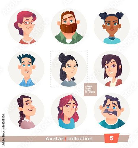 Collection of avatars, people. A set of user faces for a web forum or account. Icons of men and women.