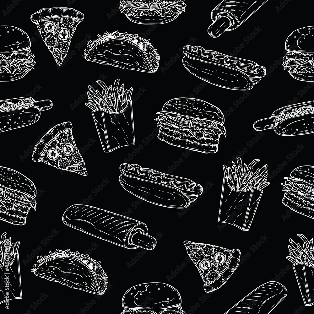 Original vector monochrome seamless fast food pattern of white outlines on a black background. A design element. Original vector monochrome seamless fast food pattern of white outlines on a black background. A design element.