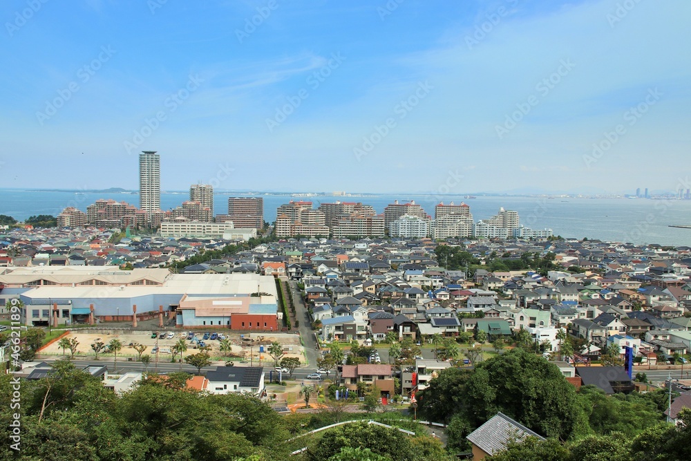 愛宕神社から見た博多湾と福岡都市風景