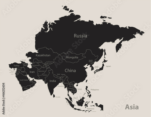 Black map of Asia with names of states, design blackboard vector