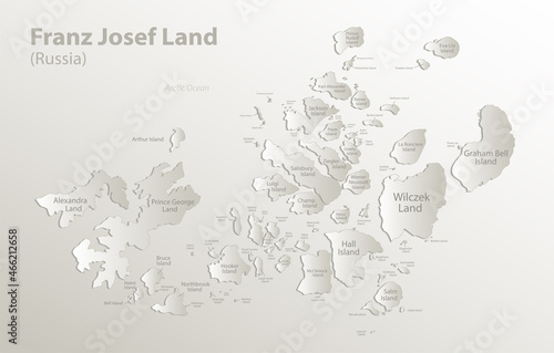 Franz Josef Land map, administrative division, separates regions and names individual, card paper 3D natural vector