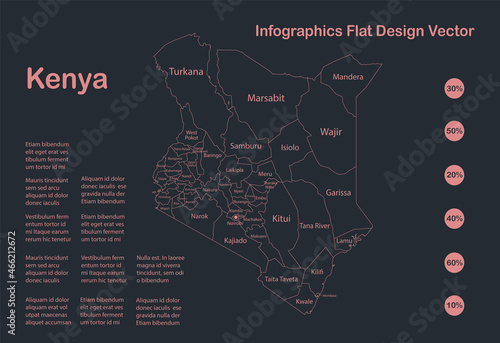 Infographics Kenya map outline, flat design, color blue  vector