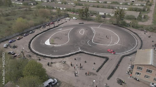 Aerial drone view of the open-air street racing and drift track