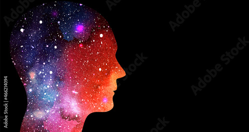 Vector illustration of space colored human head on black background. Mindfulness meditation, self-consciousness