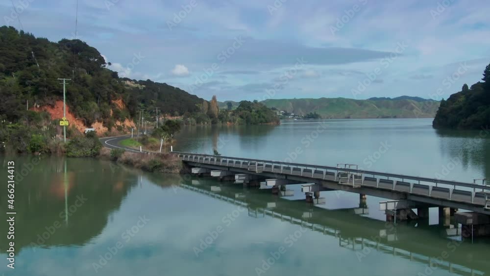Aerial: Kawhia Harbour and road bridge, Owhiro, Waikato, New Zealand Aerial: Kawhia Harbour and road bridge, Owhiro, Waikato, New Zealand