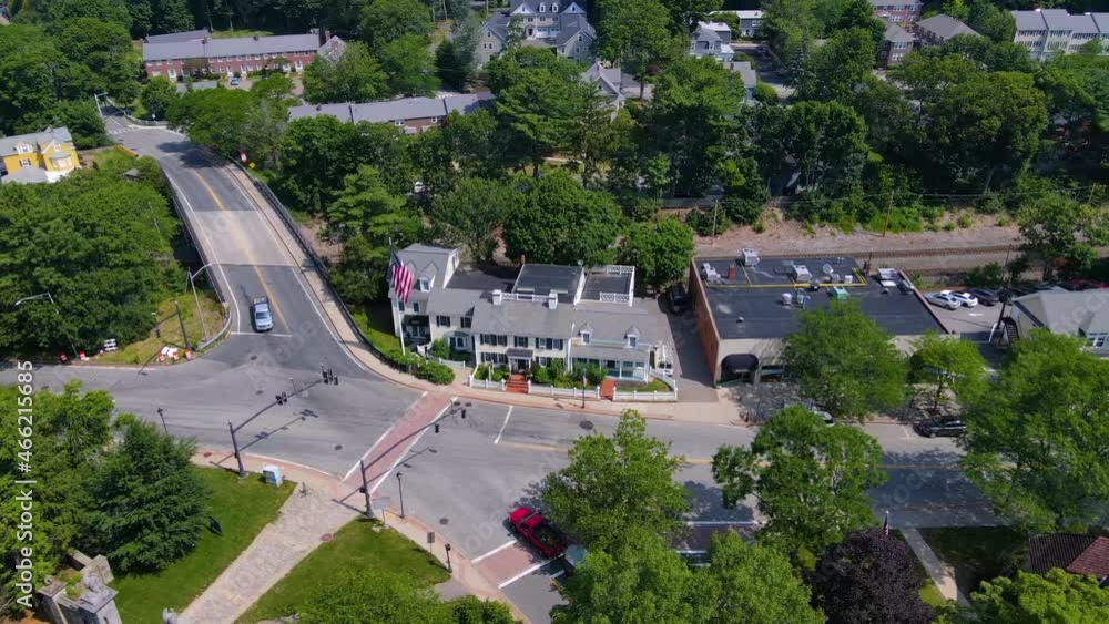 Wellesley Central Street aerial view in summer in town center of Wellesley, Massachusetts MA, USA. Wellesley Central Street aerial view in summer in town center of Wellesley, Massachusetts MA, USA.