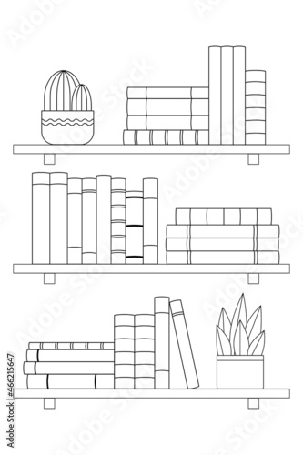 Lots of books on a bookshelf in black and white style. Reading concept. Doodle Vector.