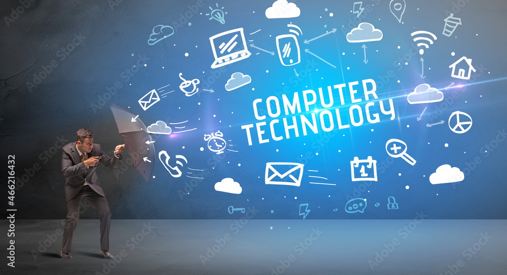 Businessman defending with umbrella, modern technology concept Businessman defending with umbrella, modern technology concept