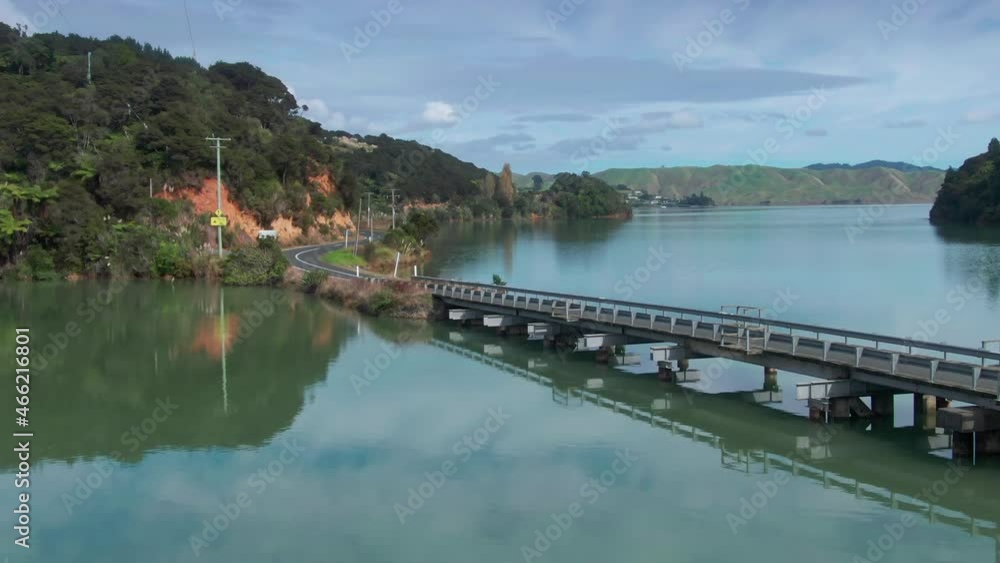 Aerial: Kawhia Harbour and road bridge, Owhiro, Waikato, New Zealand Aerial: Kawhia Harbour and road bridge, Owhiro, Waikato, New Zealand