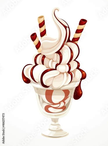 Soft vanilla ice cream covered with chocolate glaze in a glass bowl isolated on a white background