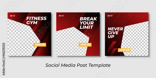 Sport Social Media Banner Template Collection with Unique Style. Red gradient background for gym template. Fitness gym social media post square banner template for fitness studio promotion