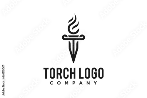 Initial Letter T Burning Torch Fire Flame with Pillar column logo design