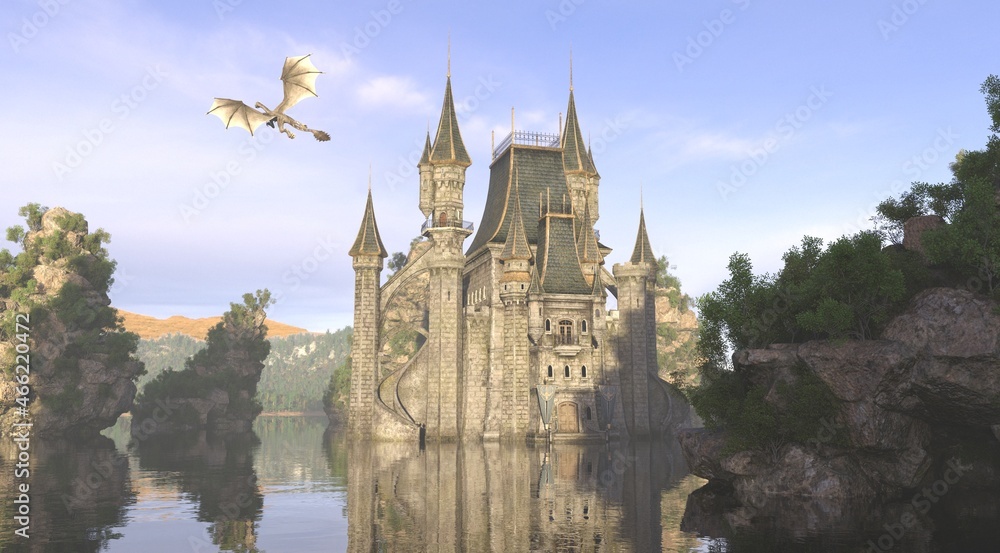 3D Illustration Of A Castle On The Water And Dragon