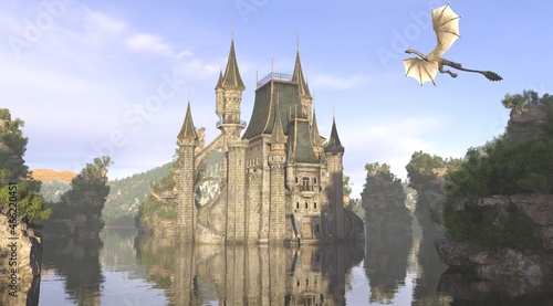 3D Illustration Of A Castle On The Water And Dragon © elenaed