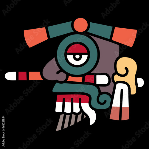 Head of Aztec god of rain Tlaloc. Ancient Mexican codex style. Native American Indian mythology. Isolated vector illustration. On black background.