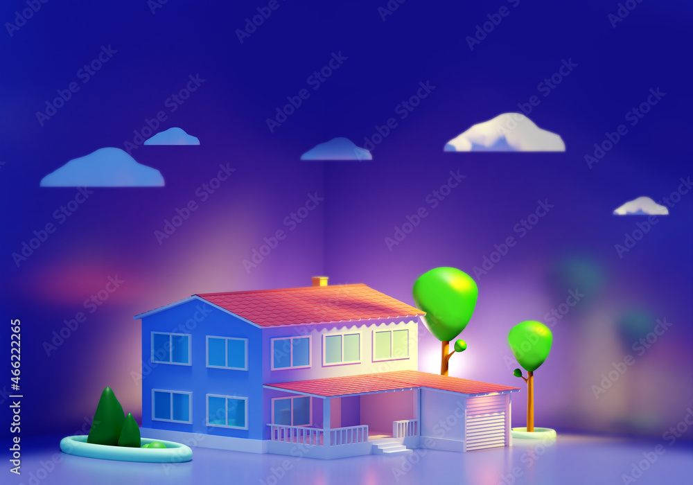 Private house illustration. Two-storey house and trees. Large house in cute style. Night cottage. Summer cottage with trees. Three-dimensional architecture. Exterior home. 3d rendering.